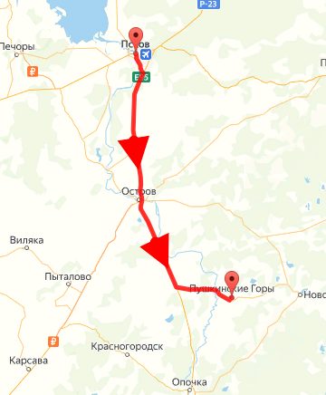 Карта с маршрутом от Пскова до Пушкинских гор и Михайловского